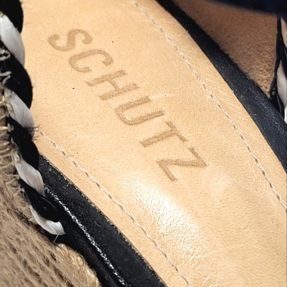 NWT SCHUTZ Black Leather Espadrille Wedges with Stripe Rope Piping - Picture 9 of 12